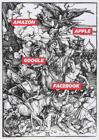 Die Druckgrafik "Die apokalyptischen Reiter" von Albrecht Dürer ergänzt durch die Wörter Amazon, Apple, Google und Facebook