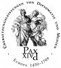 Logo des Pax Piax, Schrift: Übersetzungsleistungen von Diplomatie und Medien, mittig zwei Frauen, das Motiv des Bartolomeo Coriolano nach Guido Reni 1642. Mittig weiter unten des Logos die Schrift: ax Piax. Europa 1450 - 1789