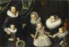 Familienportrait mit Vater, Mutter, Großmutter und drei Kindern. Alle tragen Halskrausen.