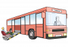 Illustration einer Person im Rollstuhl, die die Einstiegsrampe eines Linienbusses.