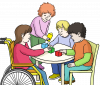Illustration von vier Kindern, die an einem runden Tisch spielen.