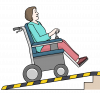 Illustration einer Person im Rollstuhl, die eine Rampe nach oben fährt.